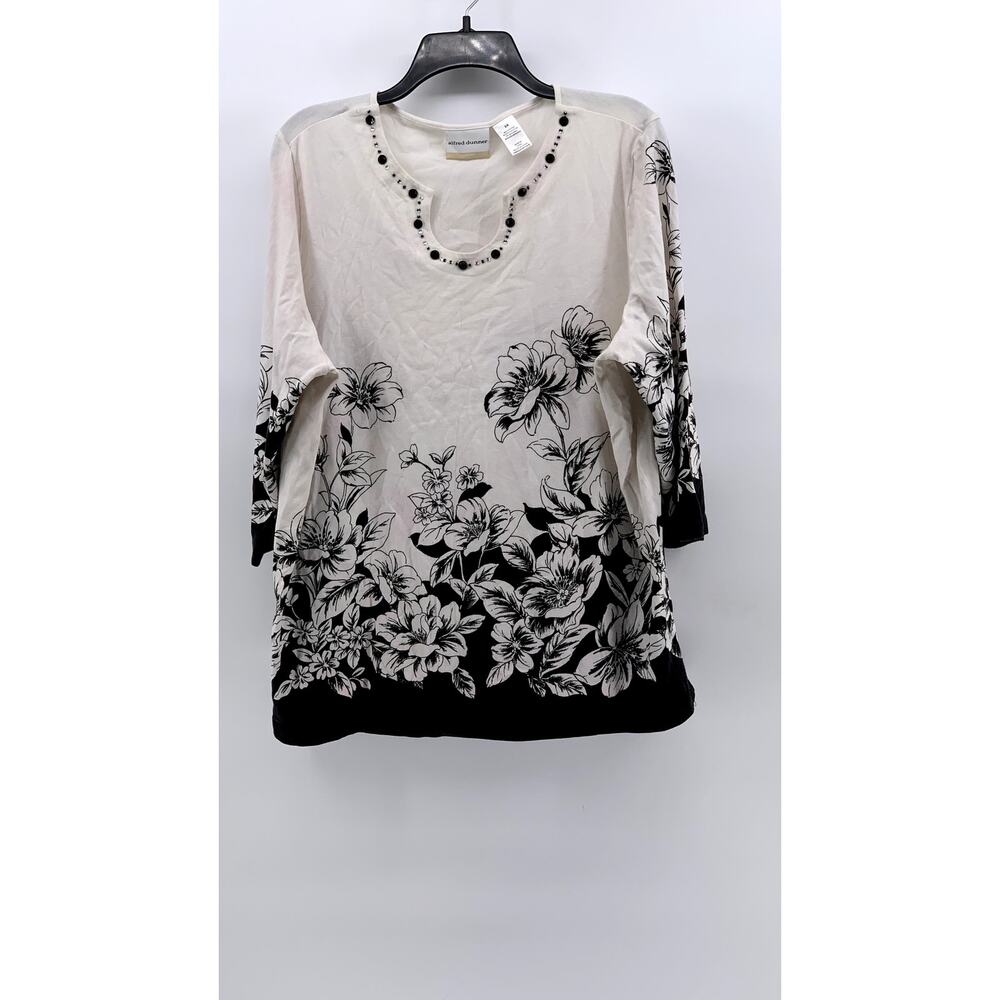 ALFRED DUNNER Women's Plus White-Black Floral 3/4 Sleeve Top SZ 2X